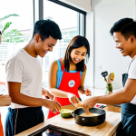 **Image Prompt:** A vibrant, modern Co-living space in Bangkok. Focus on the shared kitchen and common area, showing young Thai professionals cooking together, laughing, and interacting. Emphasize the sense of community and sharing, with modern design and plenty of natural light.