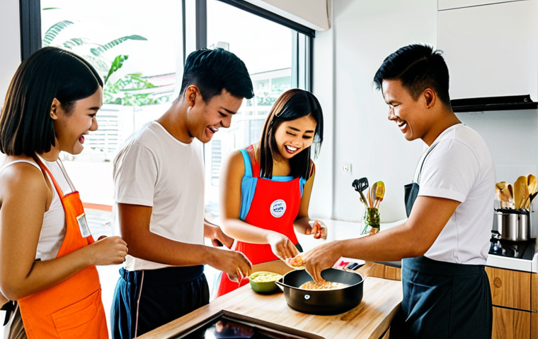 **Image Prompt:** A vibrant, modern Co-living space in Bangkok. Focus on the shared kitchen and common area, showing young Thai professionals cooking together, laughing, and interacting. Emphasize the sense of community and sharing, with modern design and plenty of natural light.