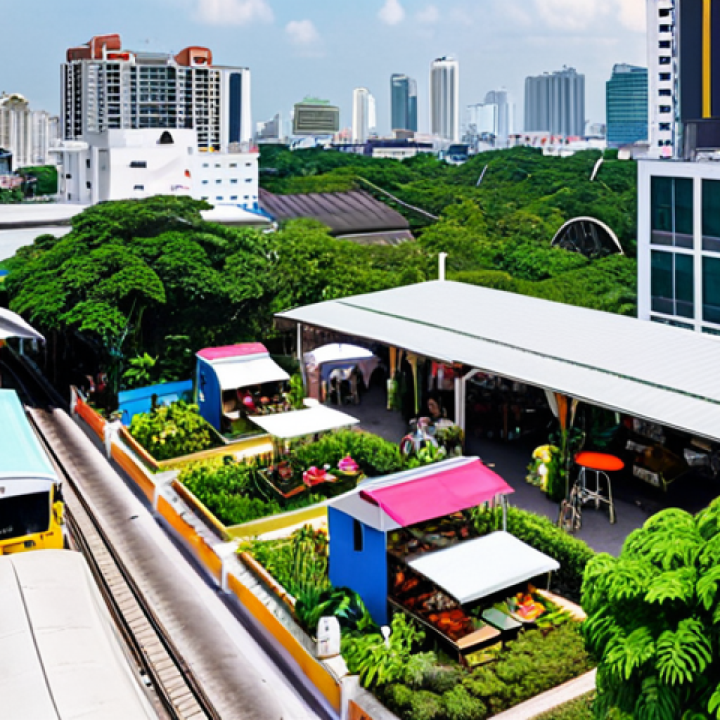 **Prompt:** Modern co-living space exterior, Bangkok cityscape view, BTS station nearby, vibrant green space, street food vendors, daytime.