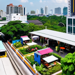 **Prompt:** Modern co-living space exterior, Bangkok cityscape view, BTS station nearby, vibrant green space, street food vendors, daytime.