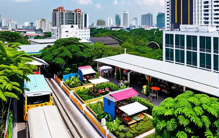 **Prompt:** Modern co-living space exterior, Bangkok cityscape view, BTS station nearby, vibrant green space, street food vendors, daytime.