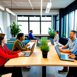 A diverse group of professional adults, fully clothed in modest business casual attire, actively engaged in a modern co-working space within a stylish co-living facility in a bustling urban center. Sunlight bathes the contemporary design, featuring ergonomic workstations, collaborative tables, and a comfortable lounge area, all adorned with tasteful plants. Individuals are focused on laptops, participating in a group discussion, or engaged in a video conference. The atmosphere is productive, collaborative, and professional. The image emphasizes perfect anatomy, correct proportions, well-formed hands, proper finger count, and natural body proportions. safe for work, appropriate content, fully clothed, professional dress, family-friendly.