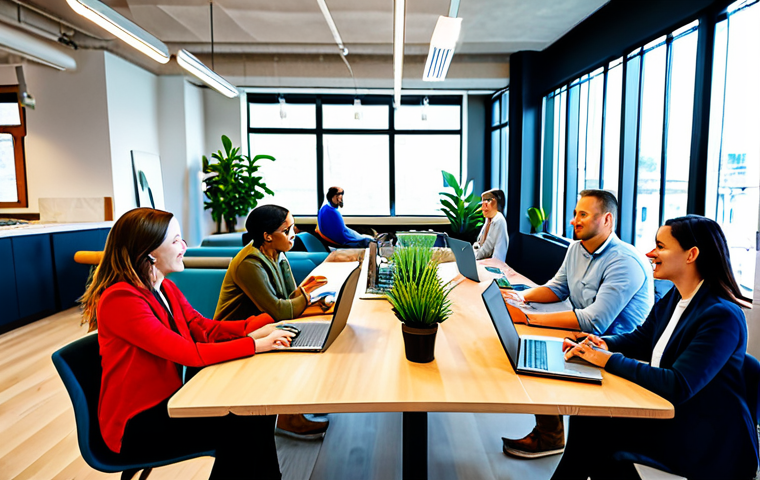 A diverse group of professional adults, fully clothed in modest business casual attire, actively engaged in a modern co-working space within a stylish co-living facility in a bustling urban center. Sunlight bathes the contemporary design, featuring ergonomic workstations, collaborative tables, and a comfortable lounge area, all adorned with tasteful plants. Individuals are focused on laptops, participating in a group discussion, or engaged in a video conference. The atmosphere is productive, collaborative, and professional. The image emphasizes perfect anatomy, correct proportions, well-formed hands, proper finger count, and natural body proportions. safe for work, appropriate content, fully clothed, professional dress, family-friendly.