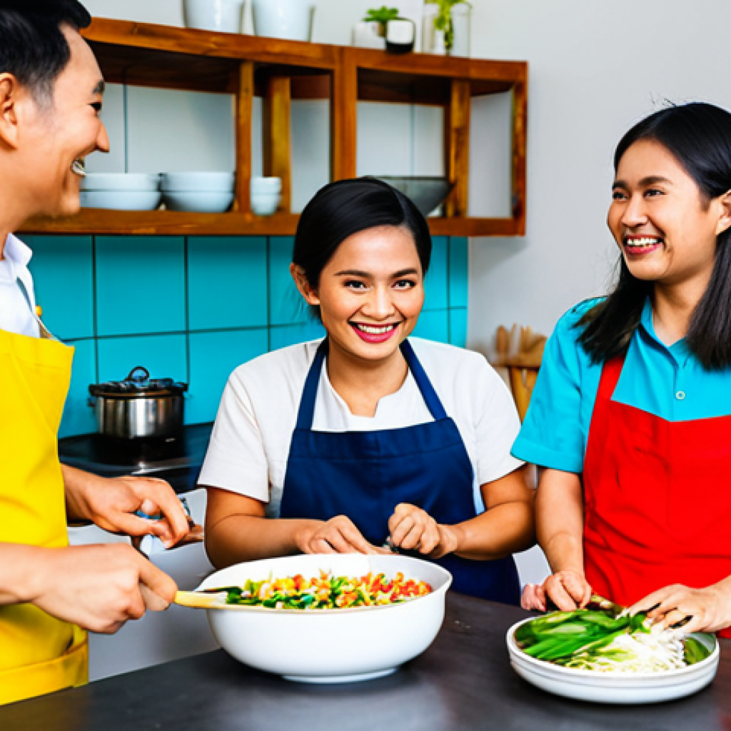 Co-living Community Event**
"A group of Thai adults, fully clothed in casual, modest clothing, participating in a Thai cooking class together in a bright, modern co-living space. They are smiling and appear engaged. The kitchen is clean and well-equipped. Natural lighting. Safe for work, appropriate content, professional photography, perfect anatomy, natural proportions, family-friendly."
**