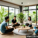 Home 18 코리빙 커뮤니티의 거주자 리포트 작성법 - A diverse group of residents in a modern co-living community space in Bangkok, Thailand, engaged in ...