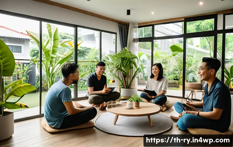 코리빙 커뮤니티의 거주자 리포트 작성법 - A diverse group of residents in a modern co-living community space in Bangkok, Thailand, engaged in ...