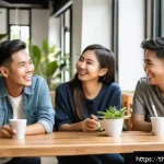 Home 23 코리빙 커뮤니티의 심리적 장점 - A warm and inviting co-living community lounge in Bangkok, Thailand, featuring diverse young adults ...